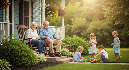 Grandparents relaxing on porch as grandchildren play in yard on a sunny day together outdoors