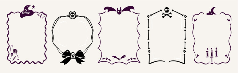 Set of hand drawn doodle Halloween frames. Coquette ribbon bow, bats, skull and bones border, candy, candles, witch hat. Spooky vector graphic decoration for greeting cards, party invitations.