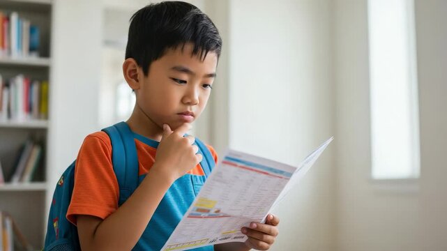 Thoughtful young Asian boy with a backpack looking at his school report card. Elementary student concentrating on his grades or schedule indoors.