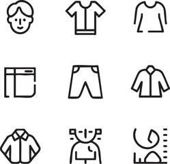 Fototapeta premium Clothing and fashion vector icon set minimalist style,editable stroke tshirt,pants,skirt,shirt,dress,measurement,person,tailor,mannequin icon set