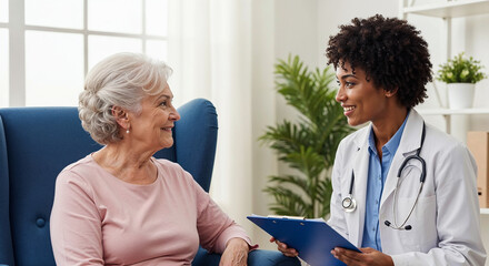Female doctor visiting elderly woman at home for medical checkup