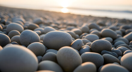 A close up view of smooth stones on a beach with the sun setting in the distance over the ocean