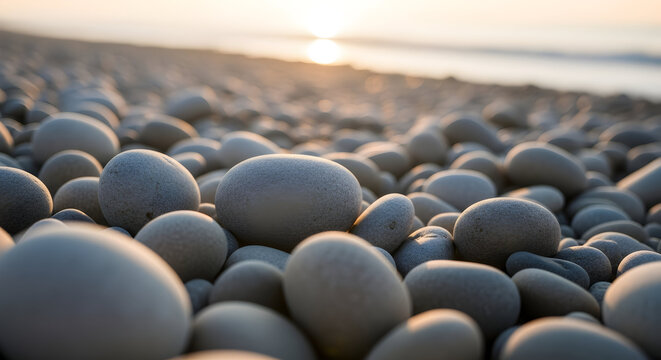 A close up view of smooth stones on a beach with the sun setting in the distance over the ocean - Powered by Adobe