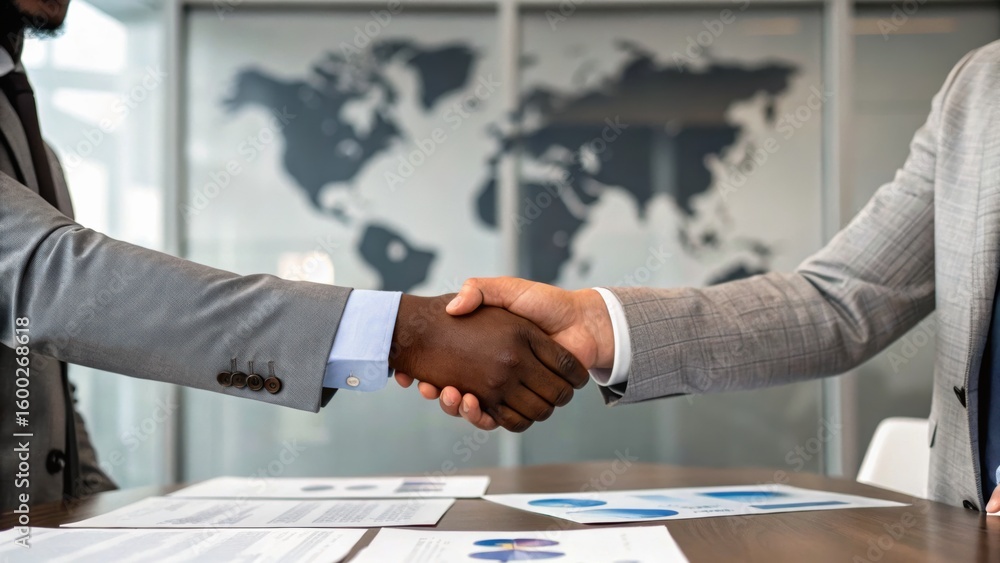 Poster handshake between two professionals over a table with documents and a world map in the background, s