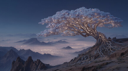 Glowing tree on a mountain peak overlooking foggy valleys at dusk or dawn