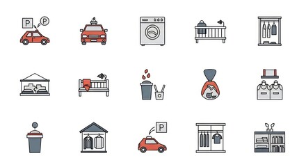 Modern Life Icon Set: Colorful Outline Symbols for Home, Chores, and Transportation.