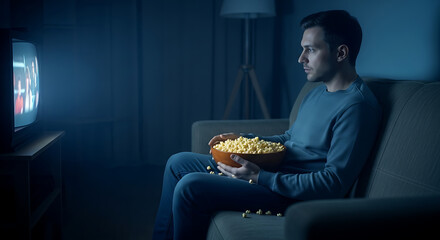 Man watching television at night with popcorn in a dimly lit room on a comfortable couch