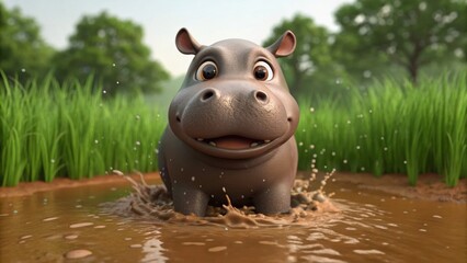 A cheerful cartoon hippo splashes in muddy water, surrounded by tall green grass and trees, creating a playful and vibrant scene.