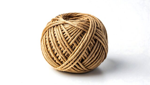 Natural brown twine ball of string isolated on white background for crafting or packaging
