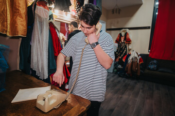 A young actor dressed casually backstage in a theater setting, holding a retro telephone while...