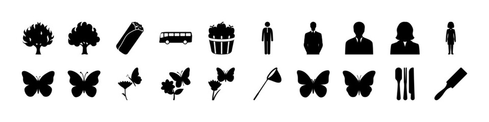 Silhouette Icons of Nature, Food, People, and Objects in Black and White - A diverse set of black silhouette icons featuring various everyday themes including nature