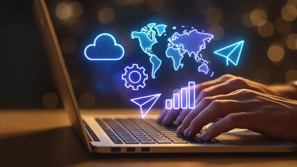Hands typing on a laptop with glowing 3D digital icons floating above, representing cloud storage, data flow, and global logistics, freight and logistics - Powered by Adobe