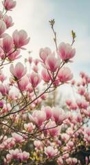 Delicate pink magnolia blossoms blooming in soft sunlight