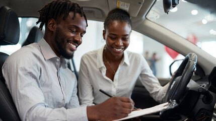 Car salesman helping customer signing contract for new vehicle