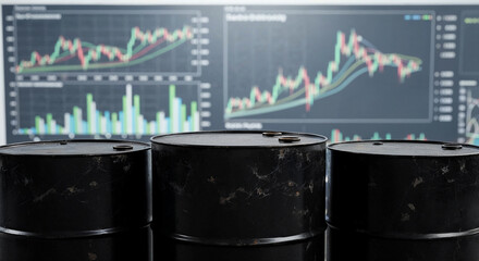 Oil barrels and stock market charts showing rising fuel prices