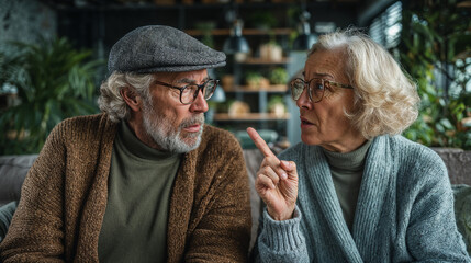 Senior couple arguing and having disagreement at home