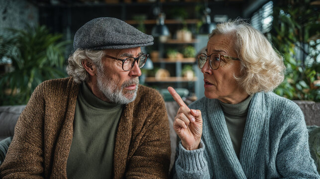 Senior couple arguing and having disagreement at home