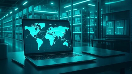 Futuristic digital workspace with a laptop displaying a glowing world map in warehouse setting emphasizing global business and connectivity in logistics, freight and logistics - Powered by Adobe