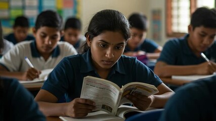 A diligent young Indian girl reads a textbook intently during class. Students are focused on their studies in a school setting. - Powered by Adobe