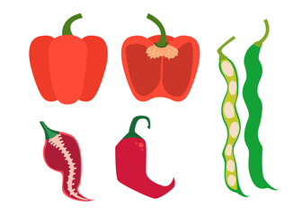 Chili, Bell Pepper, and Long Bean Vector Set – Colorful Vegetable Illustration