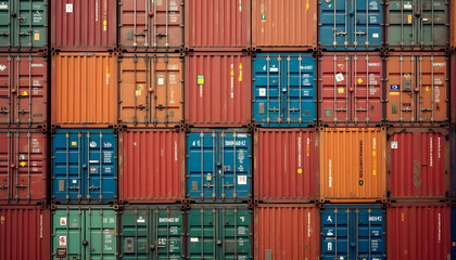 Fototapeta premium Symmetrical wall of colorful shipping containers in vivid industrial tones 