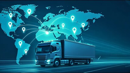 A motion blurred cargo truck and a glowing world map overlay showing global connectivity and real time tracking, freight and logistics, Supply chain, Cargo shipping - Powered by Adobe