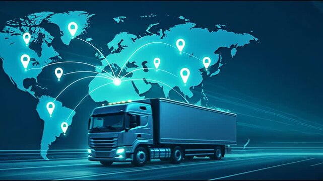 A motion blurred cargo truck and a glowing world map overlay showing global connectivity and real time tracking, freight and logistics, Supply chain, Cargo shipping - Powered by Adobe