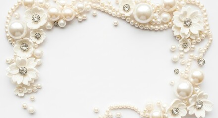 Luxury pearl jewelry border frame with white flowers and diamonds on white background