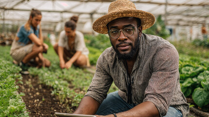 Farmer using digital tablet while crouching in greenhouse with coworkers
