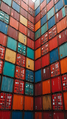 Fototapeta premium Symmetrical wall of colorful shipping containers in vivid industrial tones 