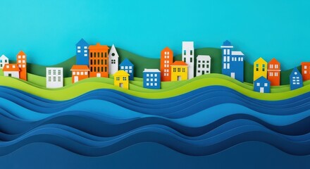 Paper cut cityscape with river on a blue background