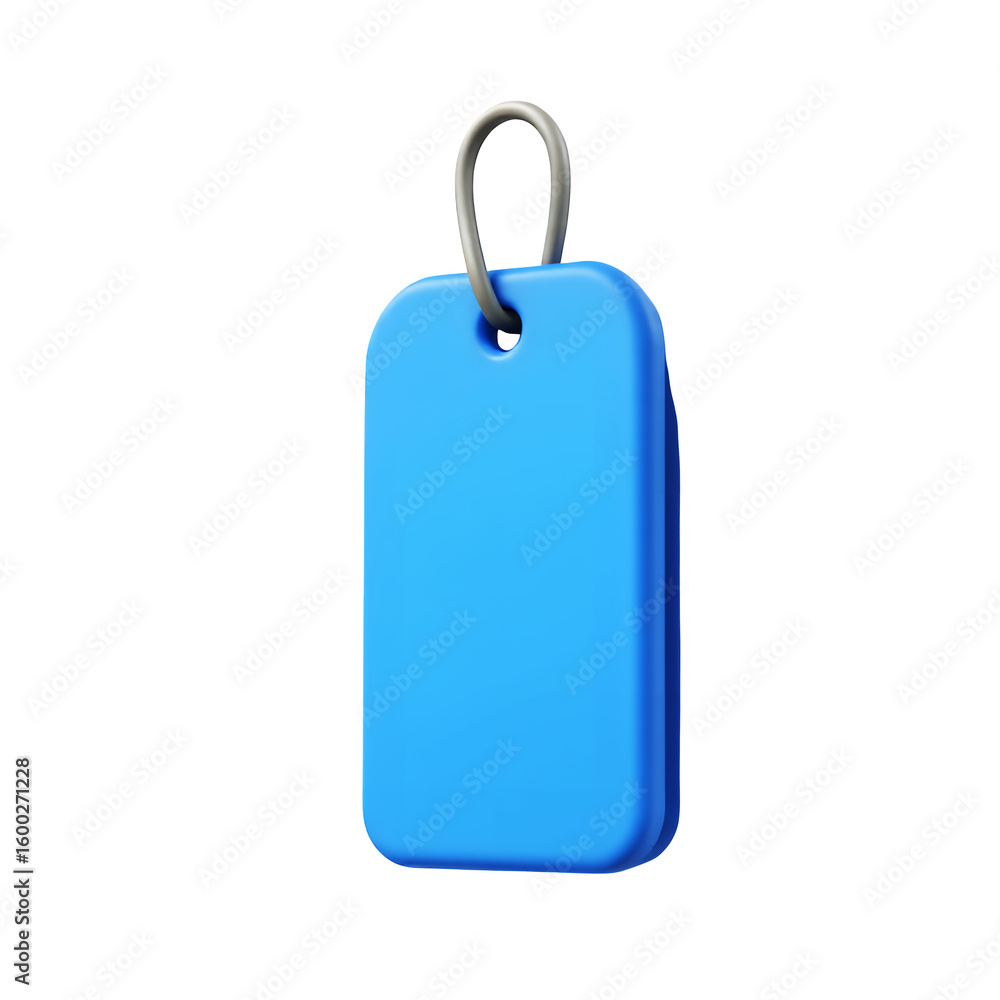 Poster a single blue tag with rounded corners and a silver loop against view on transparent background