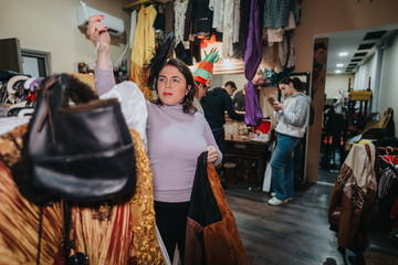 In a theater setting, young individuals are seen engaging with costumes and accessories, preparing for a theatrical performance backstage.