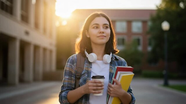 Portrait of a beautiful female student on a university campus. Young woman with books and coffee walking outdoors at sunset.