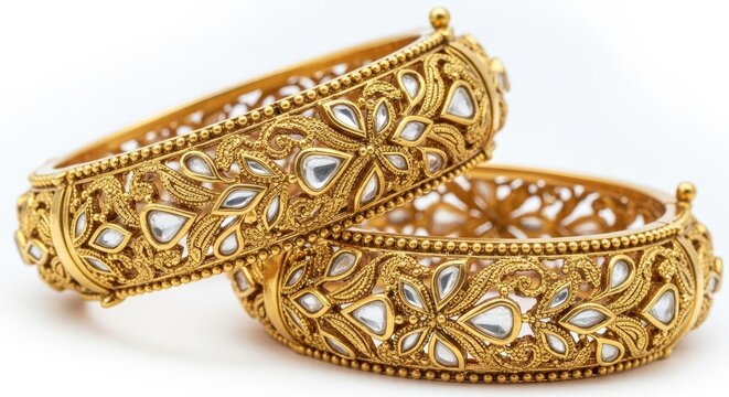 Two golden Indian bangles on white background