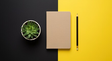 Minimalist flat lay of a notebook, pencil, and plant on a contrasting black and yellow background, perfect for creative inspiration and planning