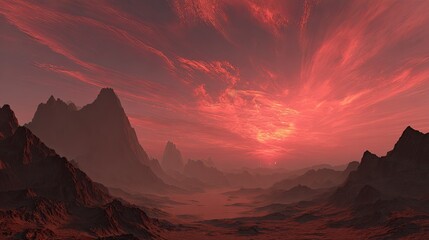Red Sunset Over Rocky Alien Landscape