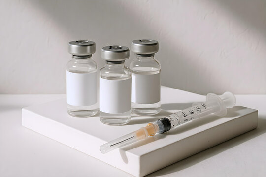 Minimalist medical vials and syringe on white acrylic with sterile lighting