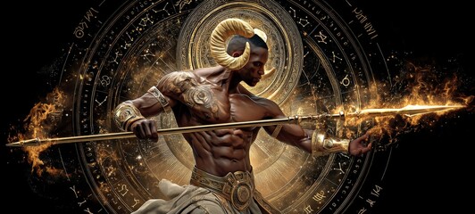 Handsome muscular male model themed as Taurus zodiac with glowing bull horns, constellation, celestial starry background, gold glow, sci-fi fantasy divine aesthetic, dark universe, and fine light trai