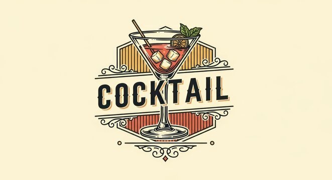 Retro Cocktail Bar Sign with Martini Glass and Ornate Details