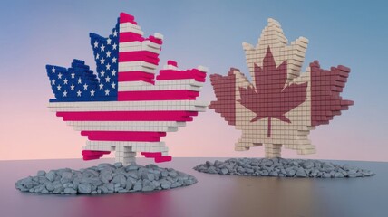 American and Canadian Flags, Pixelated Maple Leaves Symbolizing Countries Unity