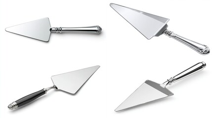 Four elegant pie servers with ornate handles isolated on a clean white background