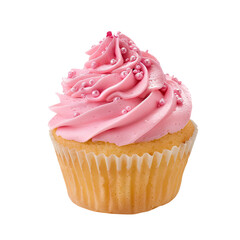 Pink cupcake with swirled frosting and pink sprinkles