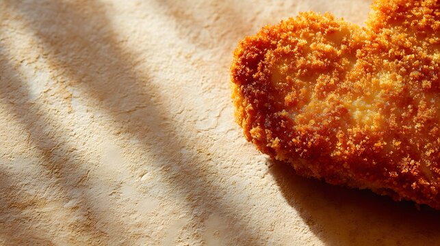 Close up of golden brown breaded chicken fillet on a textured surface with dappled light fried chicken