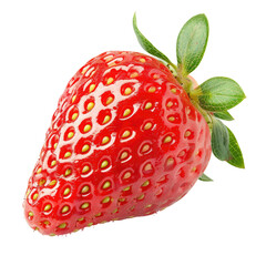 Single, ripe strawberry, vibrant red, with green leaves