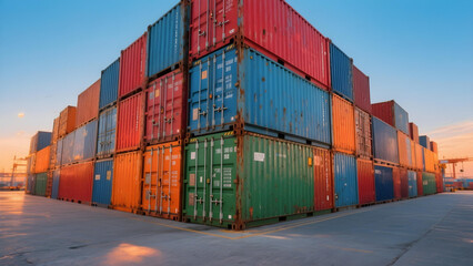 Fototapeta premium Symmetrical wall of colorful shipping containers in vivid industrial tones 