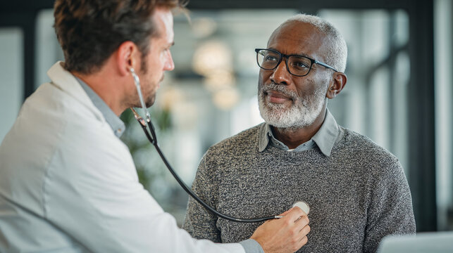 Doctor examining patient's chest with stethoscope in medical clinic