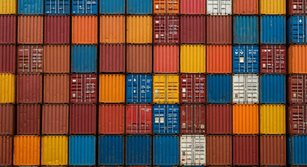 Fototapeta premium Symmetrical wall of colorful shipping containers in vivid industrial tones 