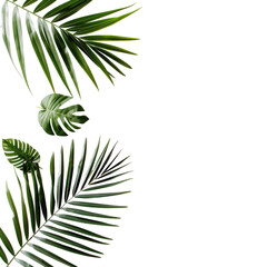 Tropical foliage arrangement against a black background. Lush green leaves, various shapes and textures, including palm fronds and monstera, create a vibrant, botanical display