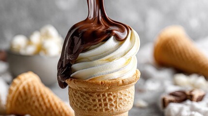 Creamy soft-serve ice cream in a waffle cone, being drizzled with rich chocolate sauce